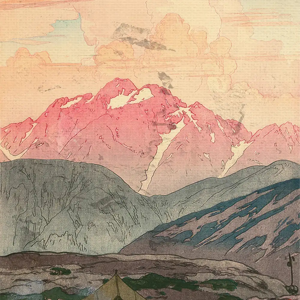 Colorful mountain landscape painting with pink-hued peaks and a soft pastel sky, featuring a foreground of rolling hills and a tent.