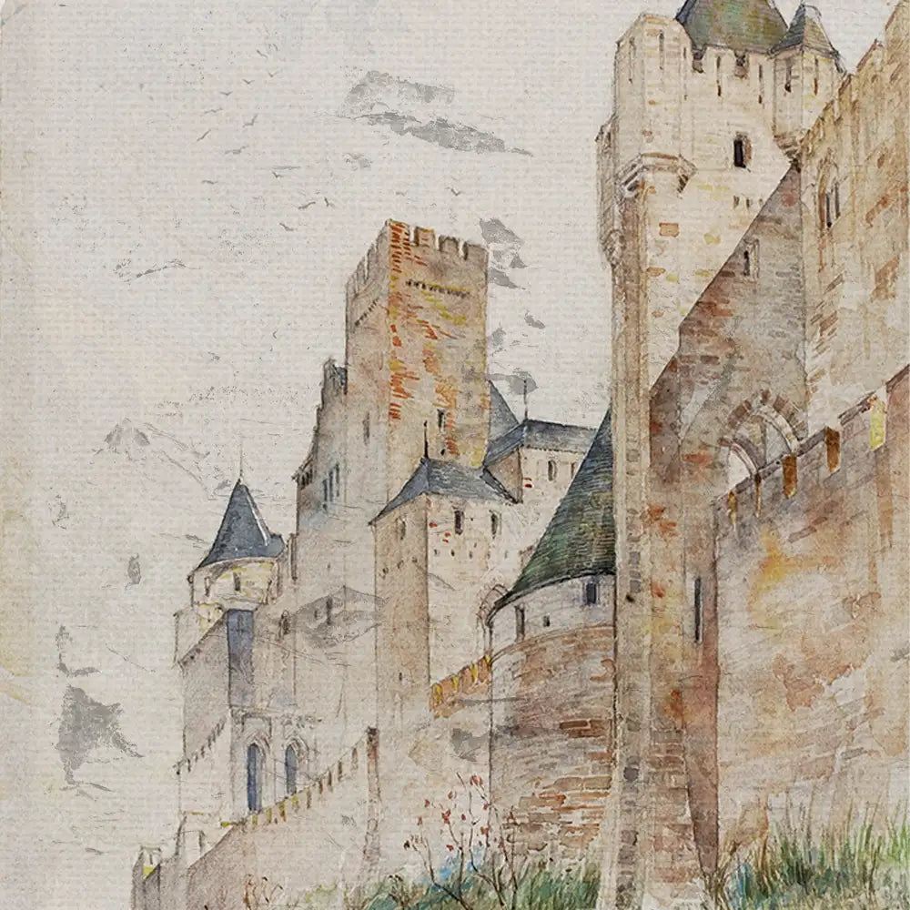 Watercolor painting of a medieval castle with towers and stone walls, set against a light sky.