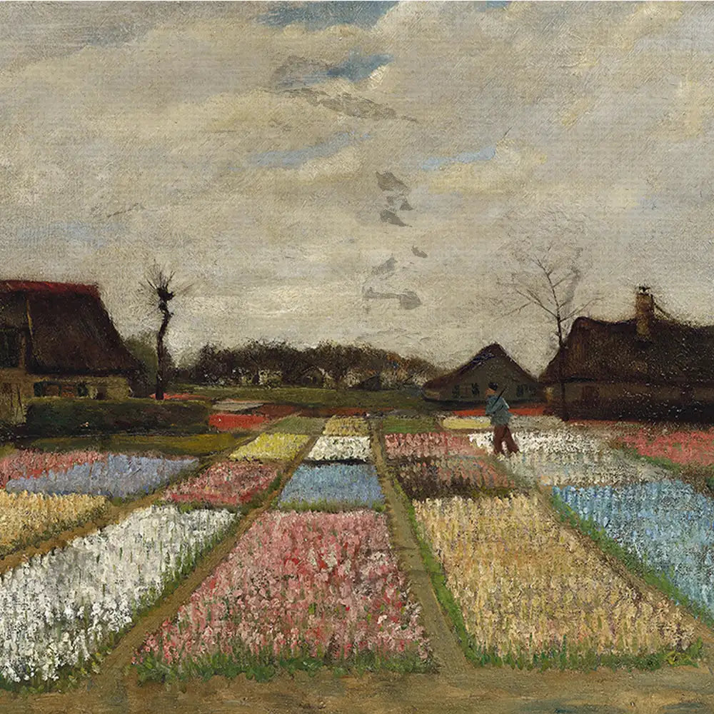 A painting depicting a flower field with colorful rows of blooms under a cloudy sky, featuring a person walking through the garden and traditional houses in the background.