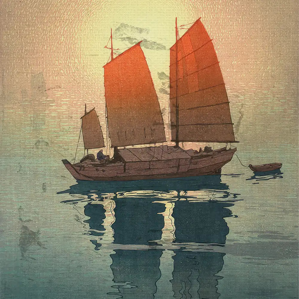 Illustration of a traditional sailing boat with two red sails reflecting on calm water during sunset.