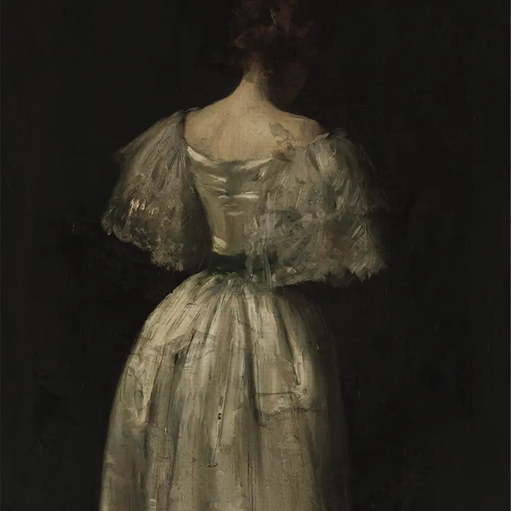 Painting of a woman in a white dress with sheer sleeves, viewed from the back against a dark background.