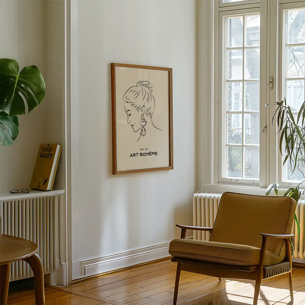 Modern reprint of a famous painting featuring a woman's profile with the text "No 20 Art Bohème," displayed in a stylish living room setting with a plant and mid-century furniture.