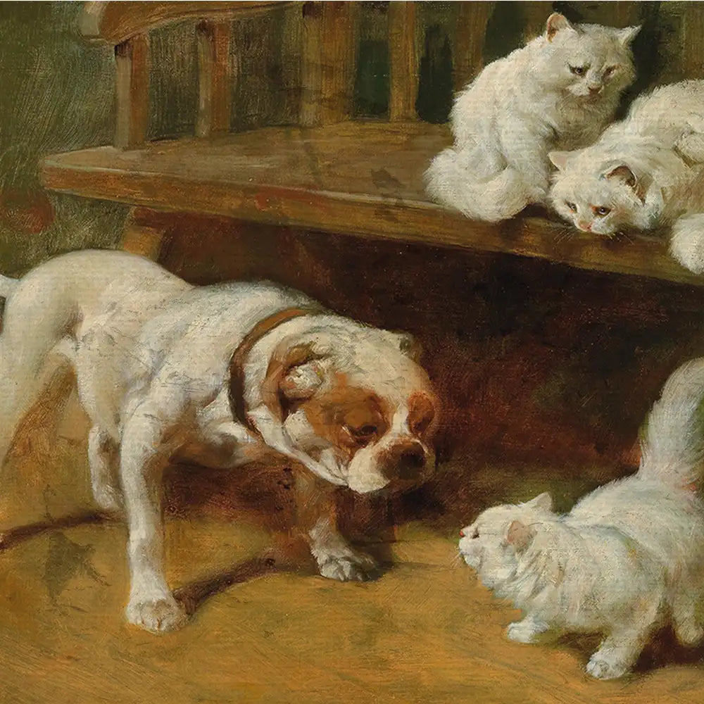 Painting of a white dog with brown markings interacting with three white cats in a cozy indoor setting.