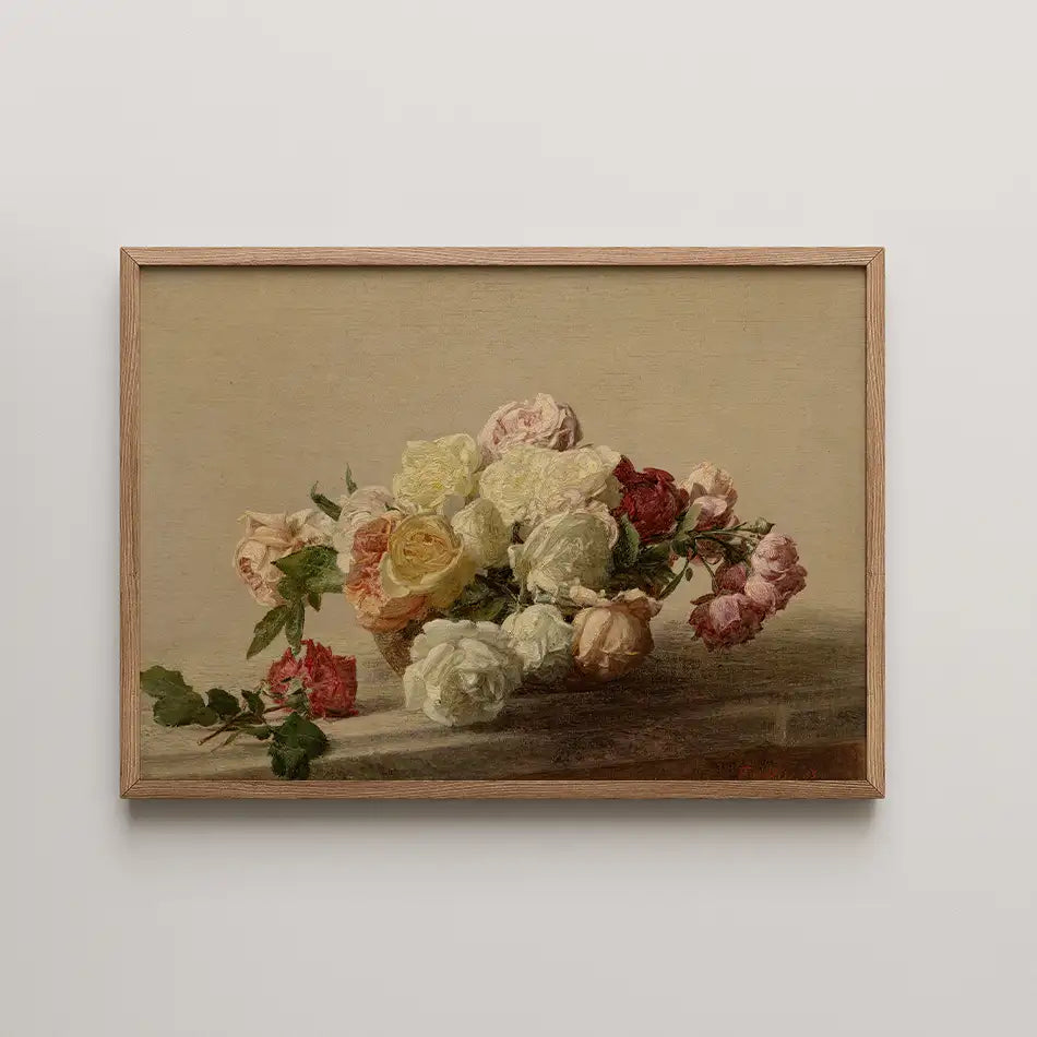 Bouquet of mixed roses in soft pastel colors, framed artwork.