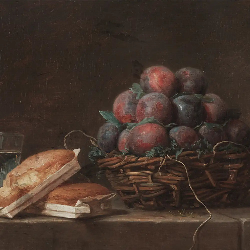 Still life painting featuring a basket of plump plums with a glass of liquid and two pastries on a wooden table.