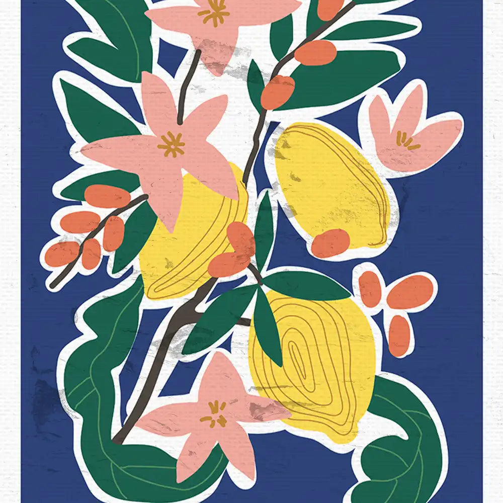 Modern poster featuring vibrant flowers and lemons on a blue background, perfect for home decor and art lovers.
