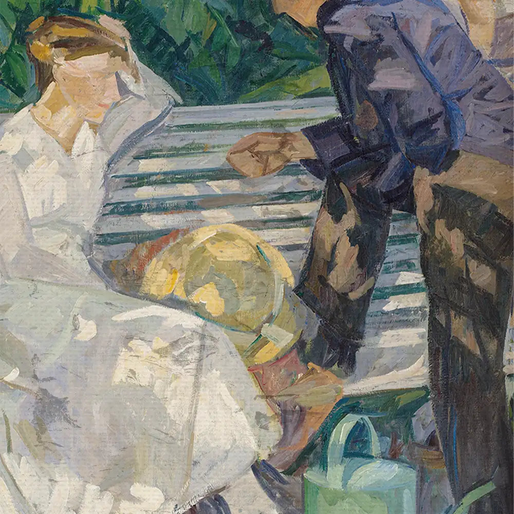 Painting of two figures seated on a bench, one woman in a white dress and another figure in a dark jacket, with a yellow hat and green container nearby, surrounded by greenery.