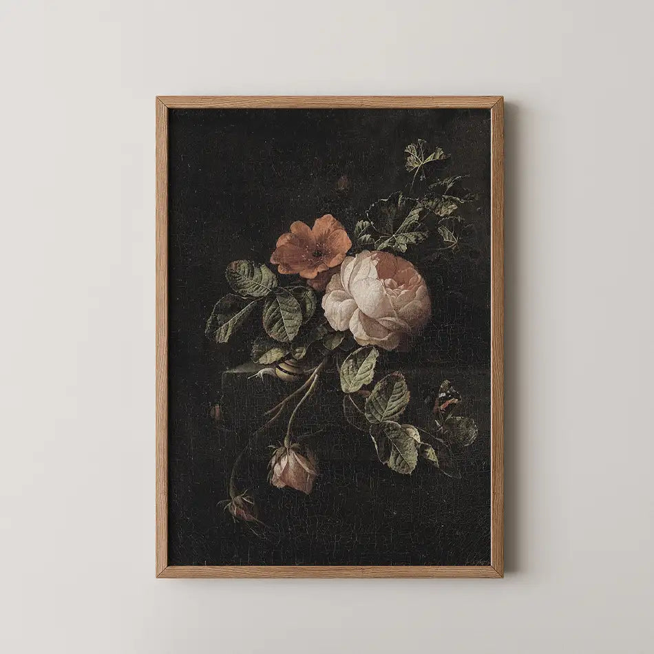 Framed painting of a bouquet featuring pink and orange flowers against a dark background.