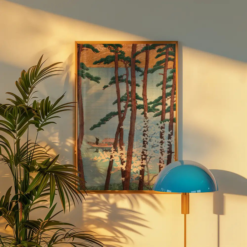 Painting of a serene landscape featuring tall trees and a boat, framed and displayed on a wall surrounded by indoor plants and a modern lamp.