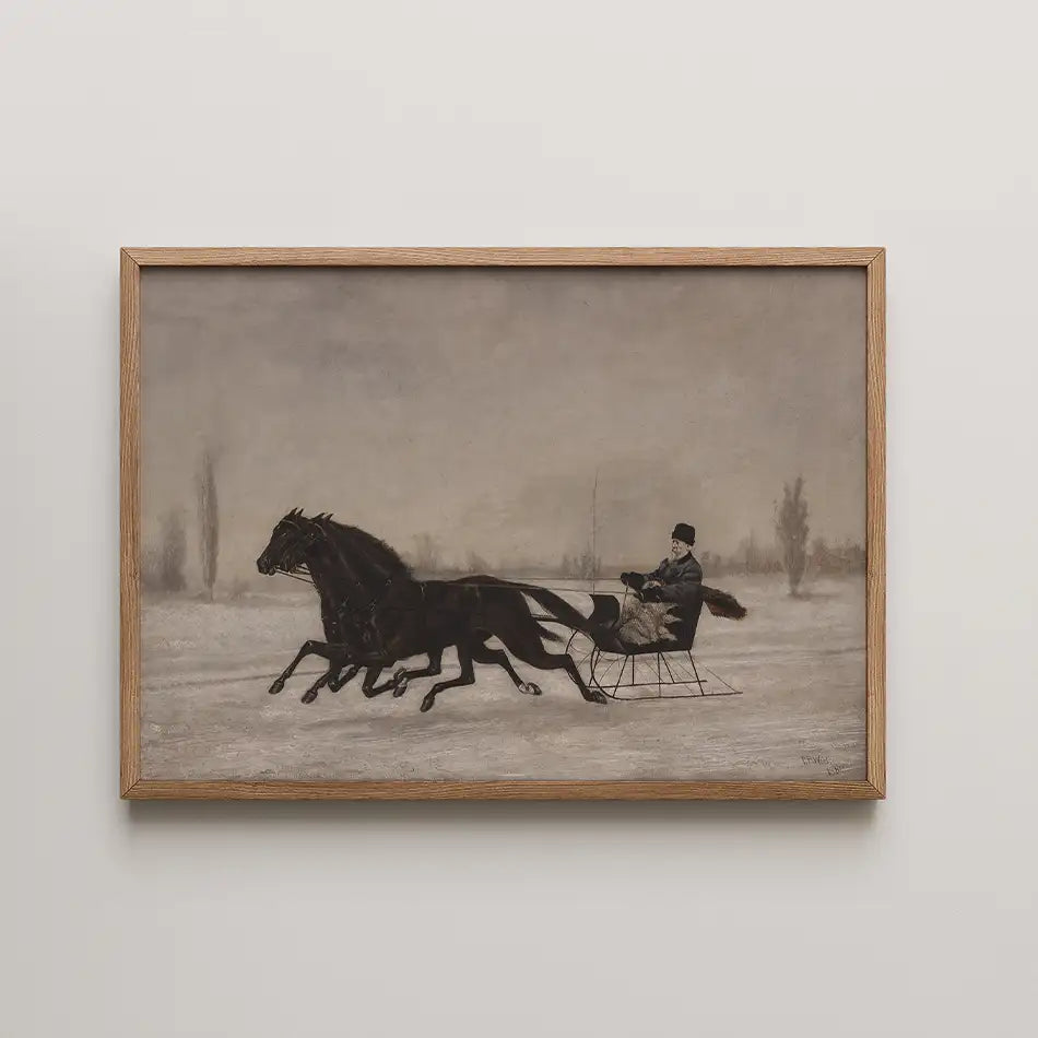 Painting of a man in a sled being pulled by two black horses in a winter landscape, framed in wood.