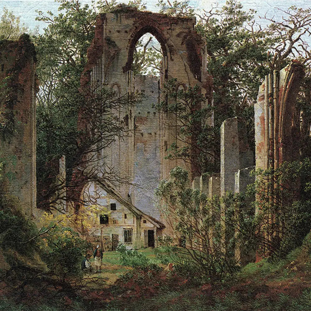Detailed painting of a rustic cottage amidst ancient ruins, surrounded by lush greenery and towering trees.