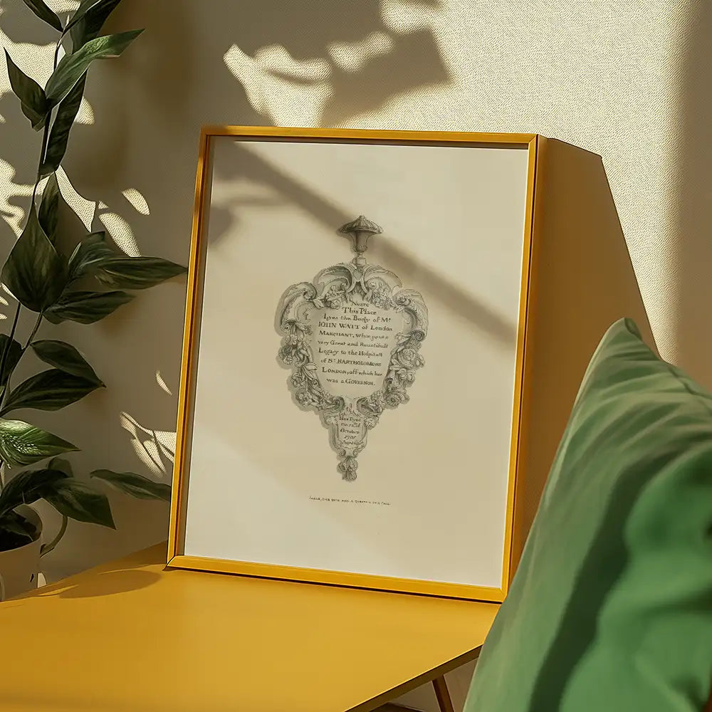Framed vintage illustration with decorative border on a yellow table, surrounded by indoor plants and a green cushion.