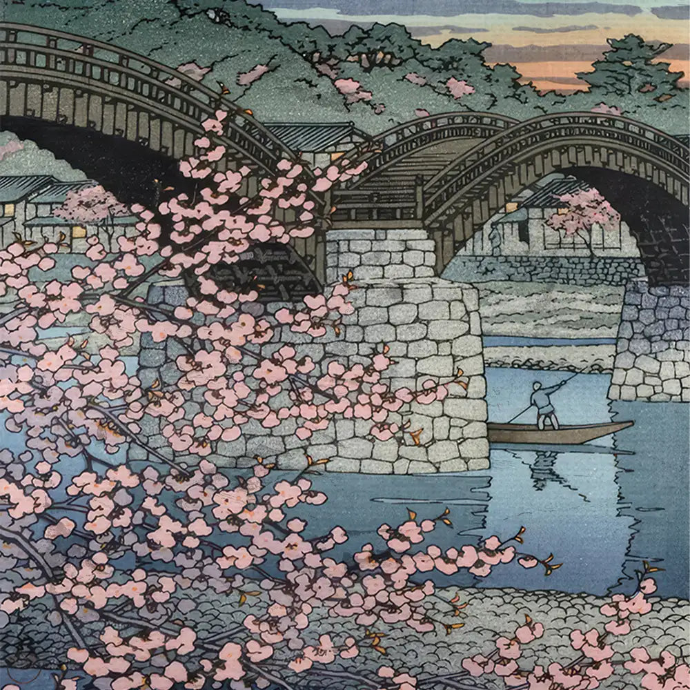 A serene landscape painting featuring a tranquil water scene with a stone bridge, blooming cherry blossom trees, and a lone figure in a boat against a pastel sky.