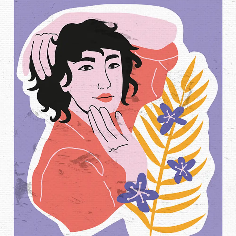 Modern poster of an illustrated portrait featuring a person with dark hair and a colorful background, complemented by tropical foliage and flowers.