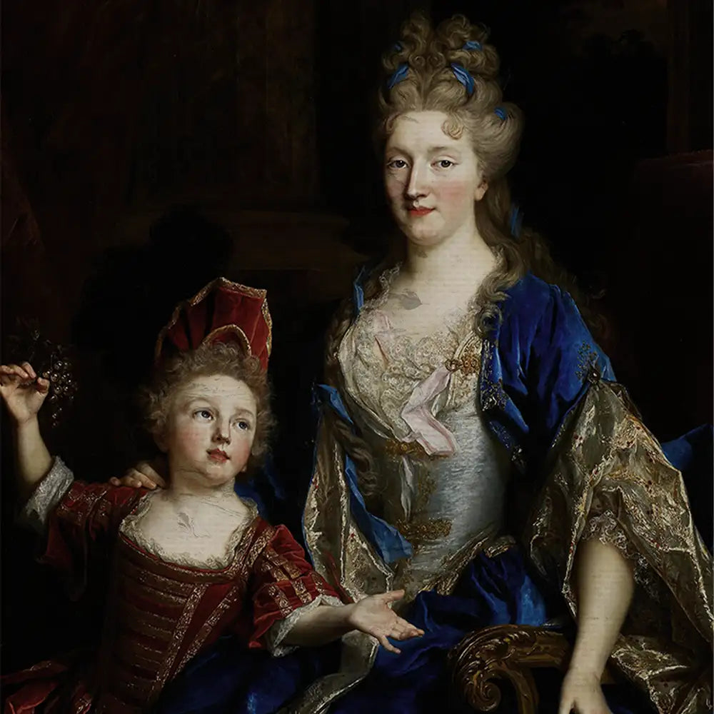 Portrait of a woman in ornate blue and gold attire with a young boy beside her, set against a dark background.