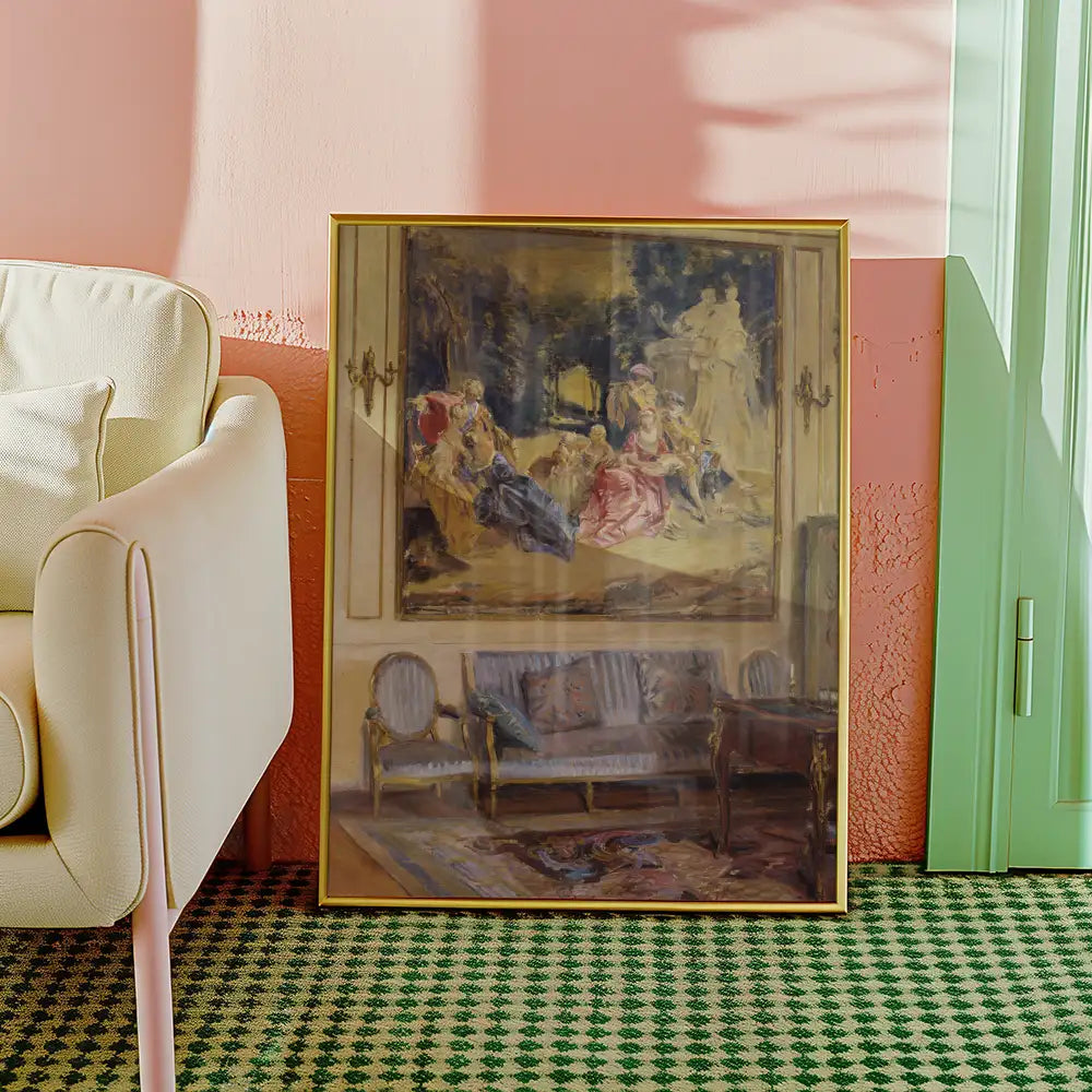 A vintage-style painting displayed in a gold frame, leaning against a pastel pink wall, next to a light-colored armchair and patterned green rug.