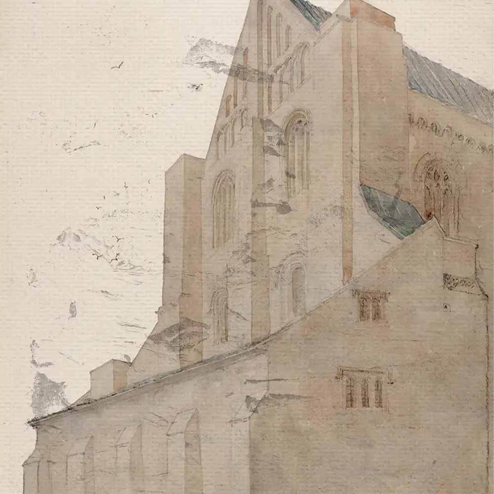 A delicate watercolor painting of a historical building showcasing its architectural details and textures.