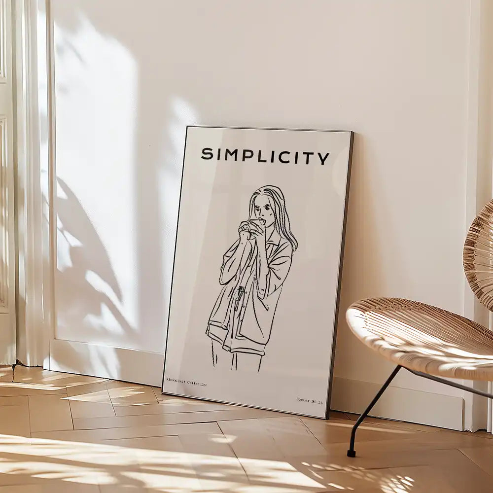 Modern minimalist poster titled "Simplicity" featuring a line drawing of a woman in a cozy outfit, perfect for contemporary home decor.