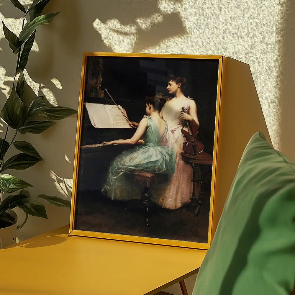 Painting of two women in elegant dresses, one playing piano and the other holding a violin, framed and displayed in a modern setting with plants.