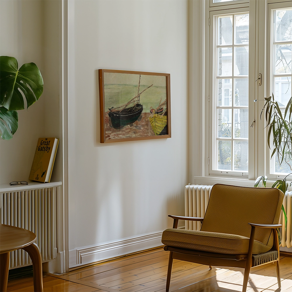 A cozy living room featuring a framed painting of boats on a tranquil sea, complemented by a stylish armchair and a plant.