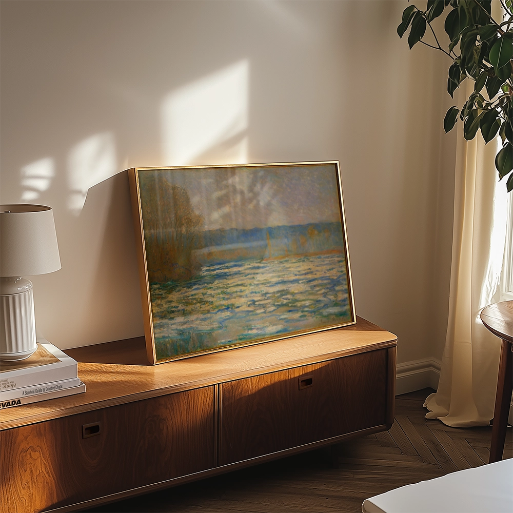Painting in a gold frame depicting a serene landscape with water and distant trees, displayed on a wooden sideboard next to a lamp and a plant in a well-lit room.