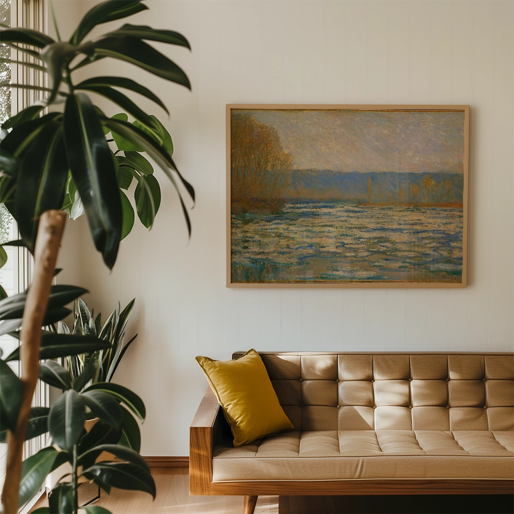 Painting of a tranquil river landscape with soft blue and earthy tones, framed and displayed above a tan sofa adorned with a yellow pillow in a modern living room setting.
