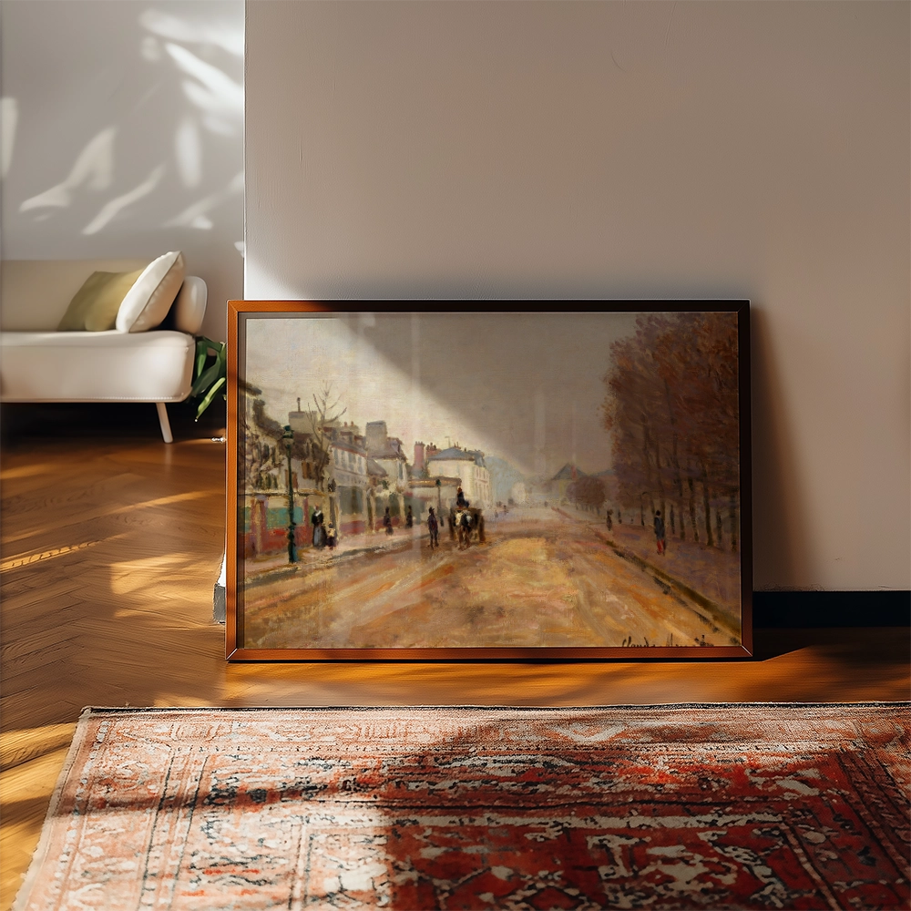 A framed painting of a street scene with figures, displayed in a sunlit room with wooden flooring and a decorative rug.