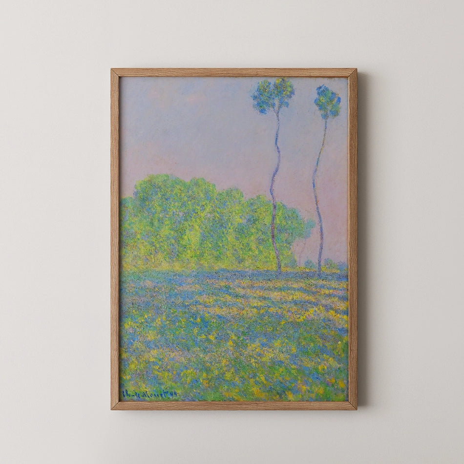 Framed painting featuring tall trees against a soft pastel background with vibrant greenery and a field of flowers.