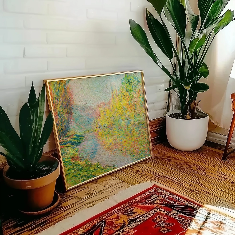 Framed landscape painting displayed next to a potted plant in a cozy interior setting.
