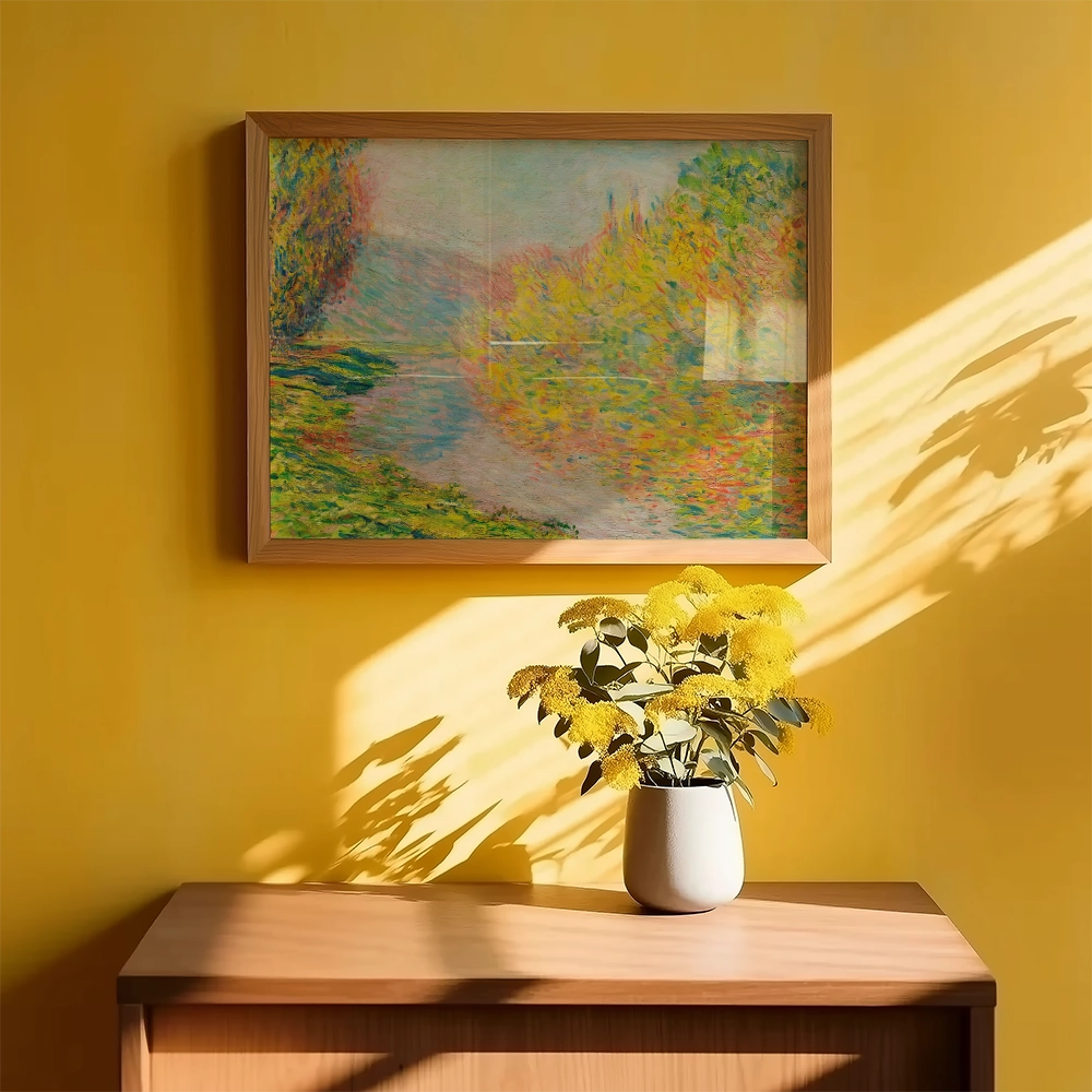 Colorful landscape painting framed and hung on a yellow wall above a wooden dresser with a vase of yellow flowers.
