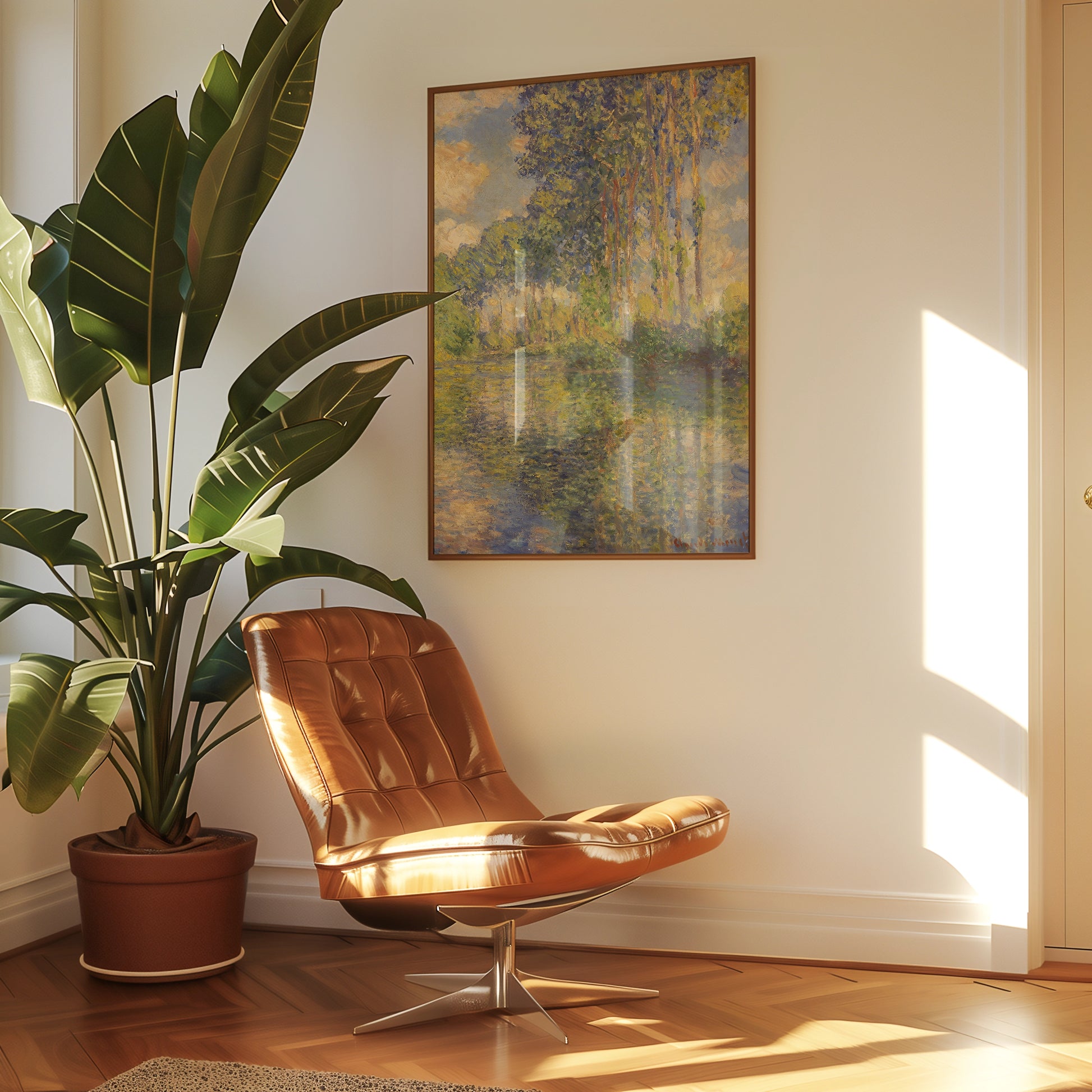 Painting of a serene landscape featuring trees and water, framed and displayed above a modern brown leather chair next to a potted plant in a sunlit room.