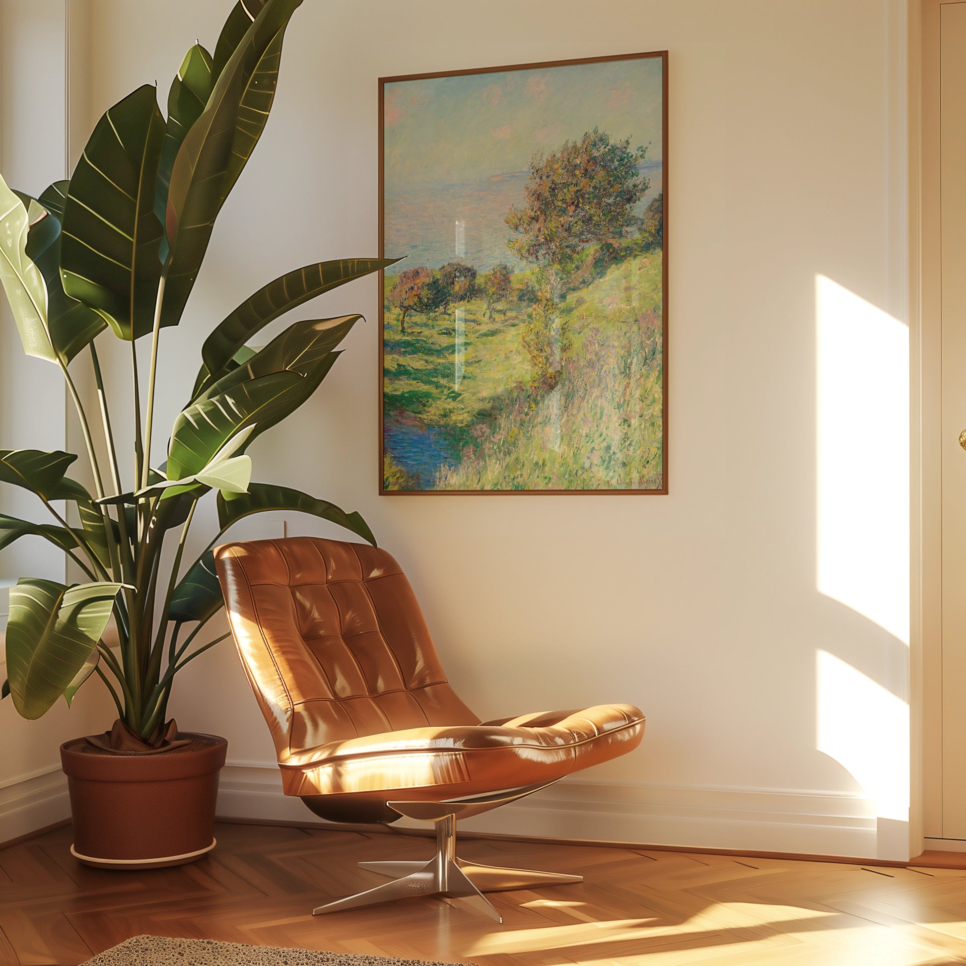 A cozy living room featuring a mid-century modern leather chair, a potted plant, and a colorful landscape painting on the wall, illuminated by sunlight.