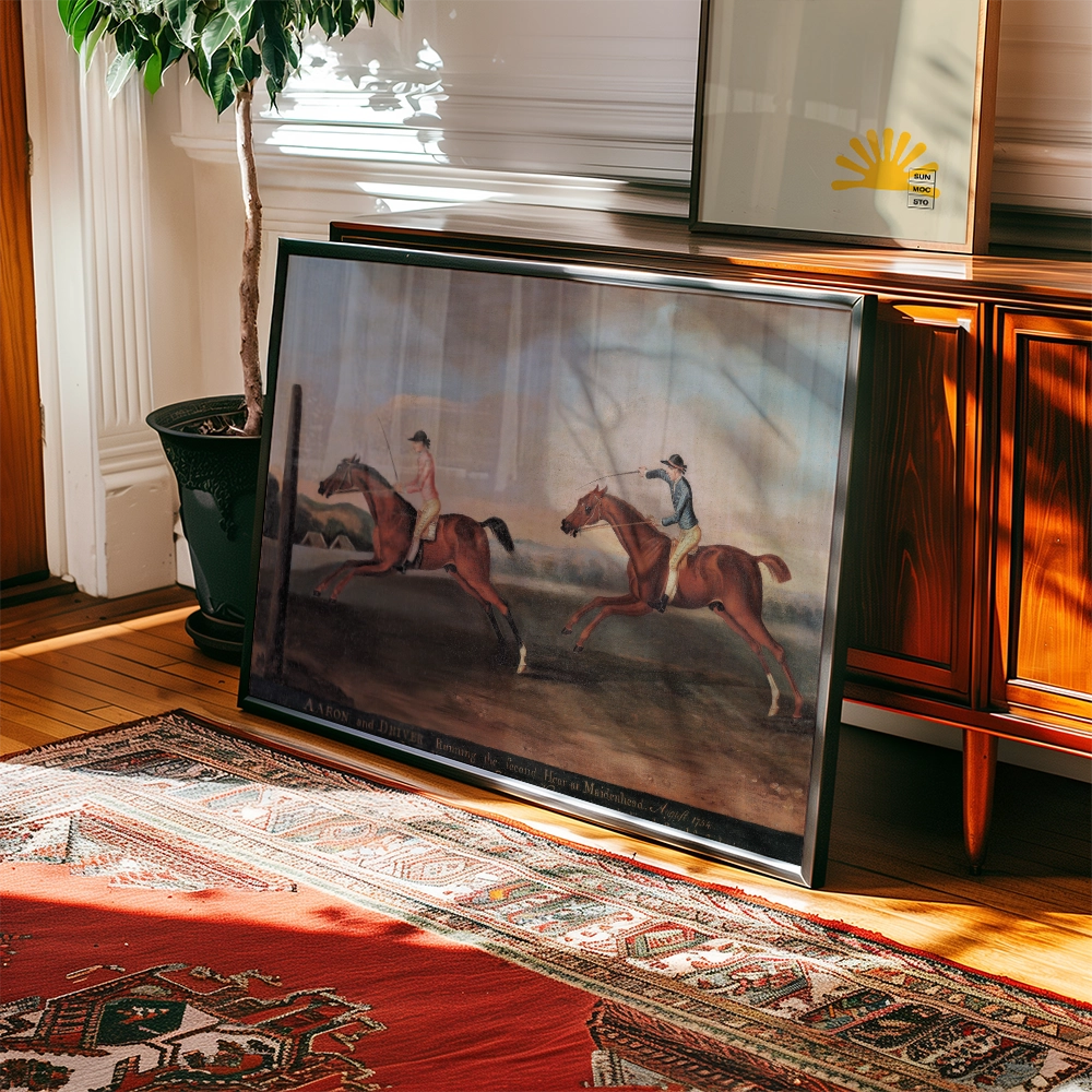 Framed vintage painting of two horse riders in motion, displayed on a wooden sideboard with a plant and patterned rug in the background.