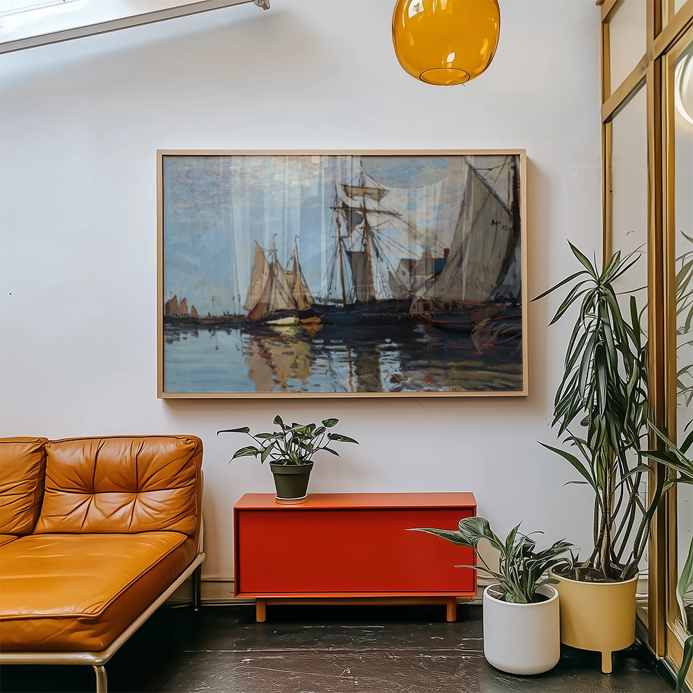 Painting of ships in a harbor, framed and hanging above an orange couch and red side table in a modern interior setting.