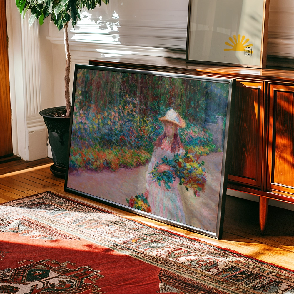 Framed impressionist painting of a woman in a garden holding flowers, displayed on a wooden floor near a potted plant and traditional rug.