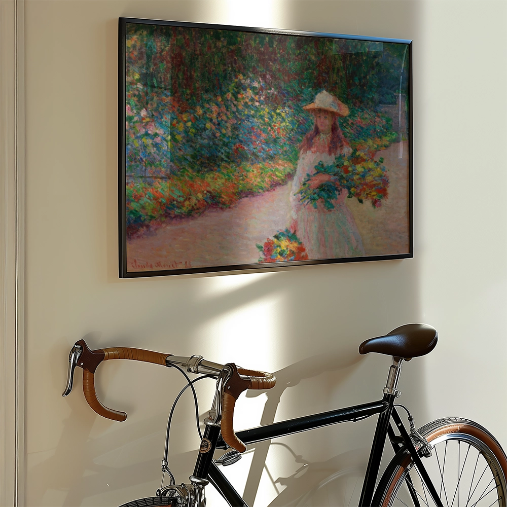 Framed painting of a woman holding flowers in a garden, displayed on a wall next to a vintage bicycle.