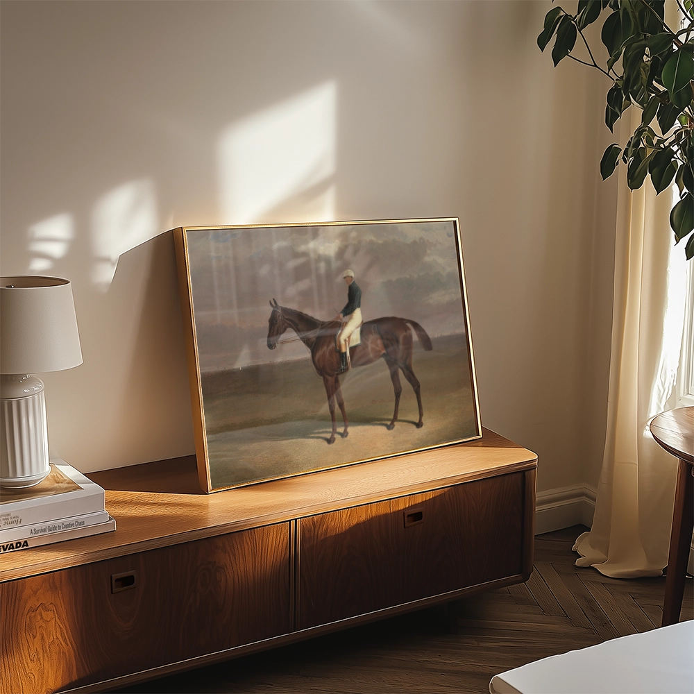 A vintage painting of a horse and rider displayed in a modern living room setting, with natural light casting shadows.