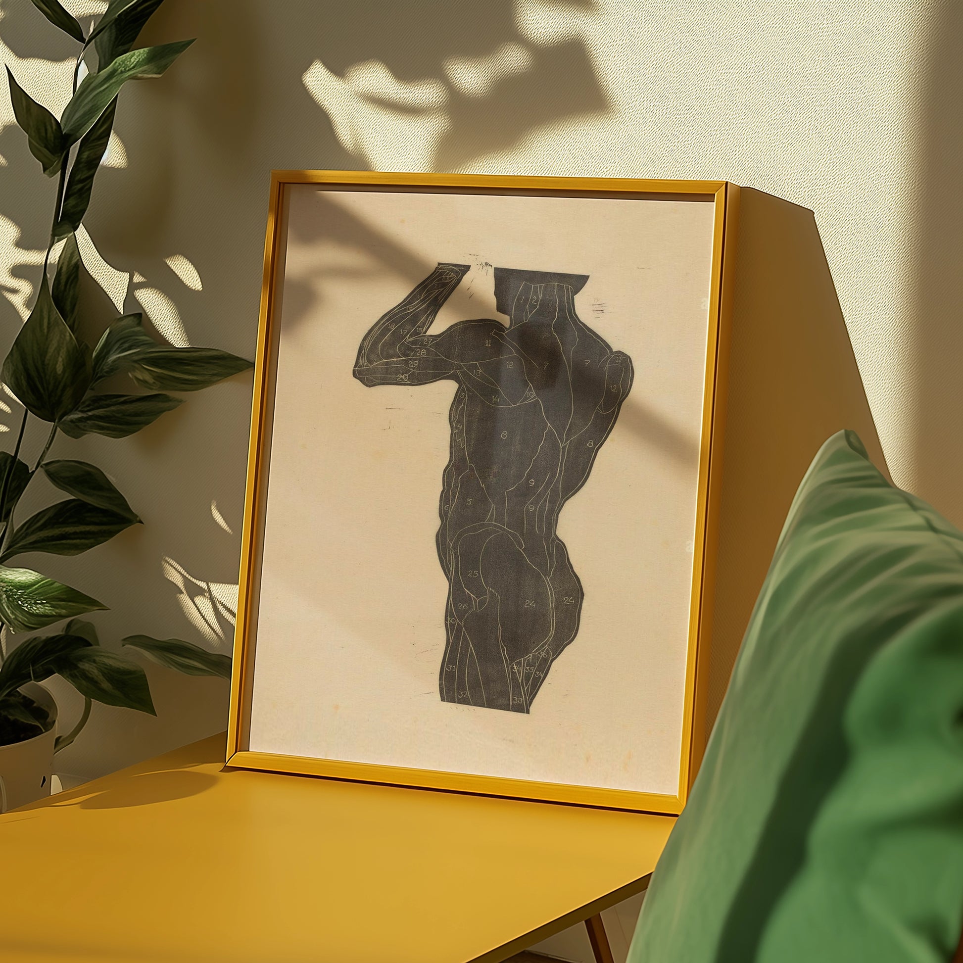 Framed abstract painting of a male figure in a minimalist style, placed on a yellow table with green sofa and plant in a sunlit room.