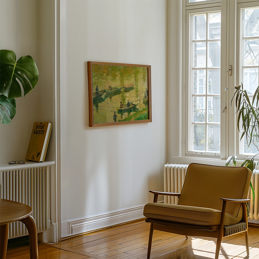 Framed painting of a serene river scene with boats and figures, displayed on a light-colored wall above a modern chair and alongside a plant and a bookshelf.