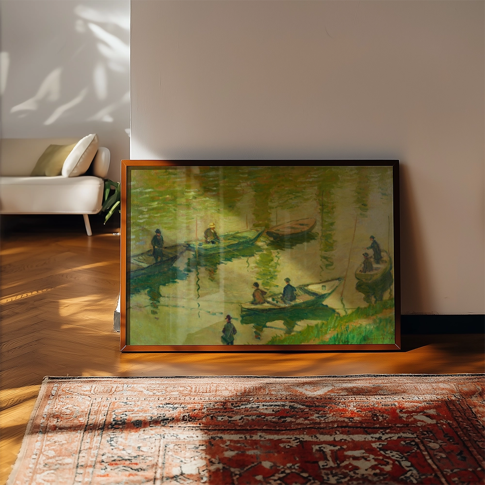 Framed painting of a serene water scene with people in boats and reflections, displayed in a brightly lit room on a wooden floor.