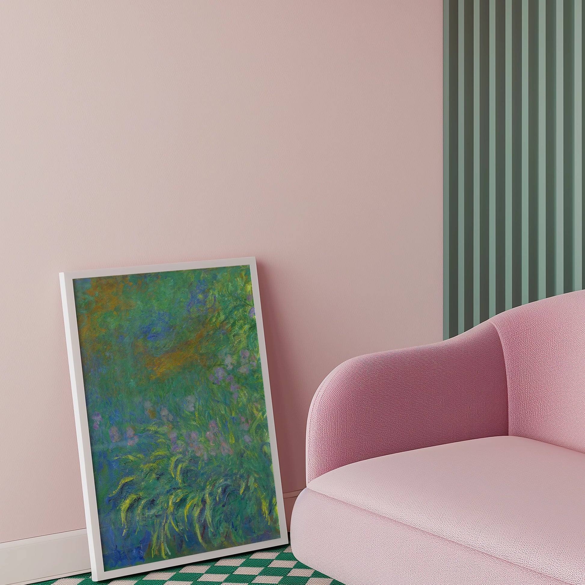 Framed abstract painting leaning against a pink wall next to a modern pink sofa.