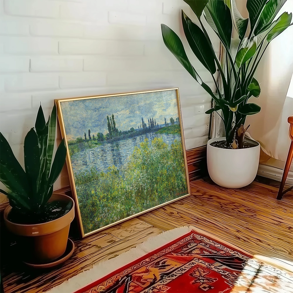 A vibrant landscape painting depicting a serene river scene, displayed in a stylish gold frame, surrounded by indoor plants in a cozy setting.