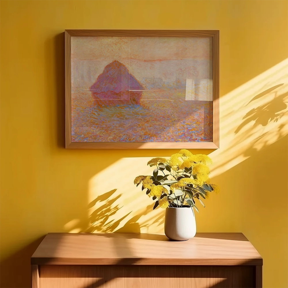 Framed painting of a countryside landscape featuring a small hut, displayed on a bright yellow wall above a wooden table with a vase of yellow flowers.