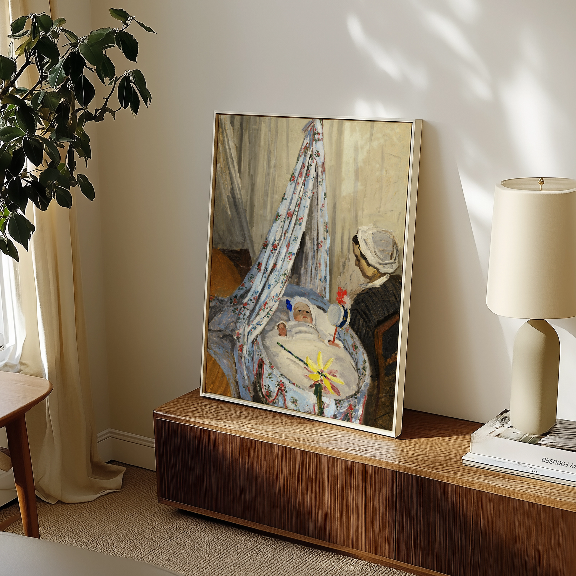 Painting featuring a baby in a cradle with a floral canopy, alongside a seated woman, displayed in a cozy living space.
