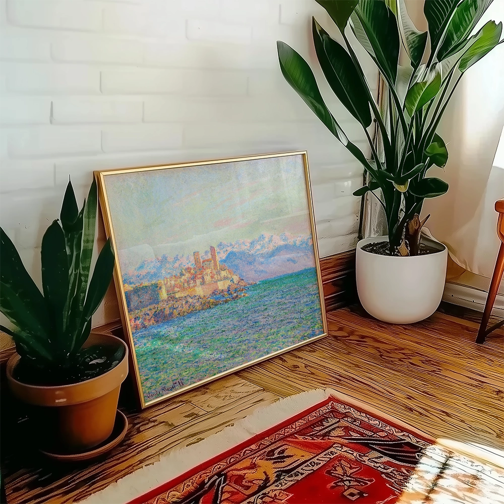 A colorful painting of a castle by the sea displayed in a stylish living room setting with plants and wooden flooring.