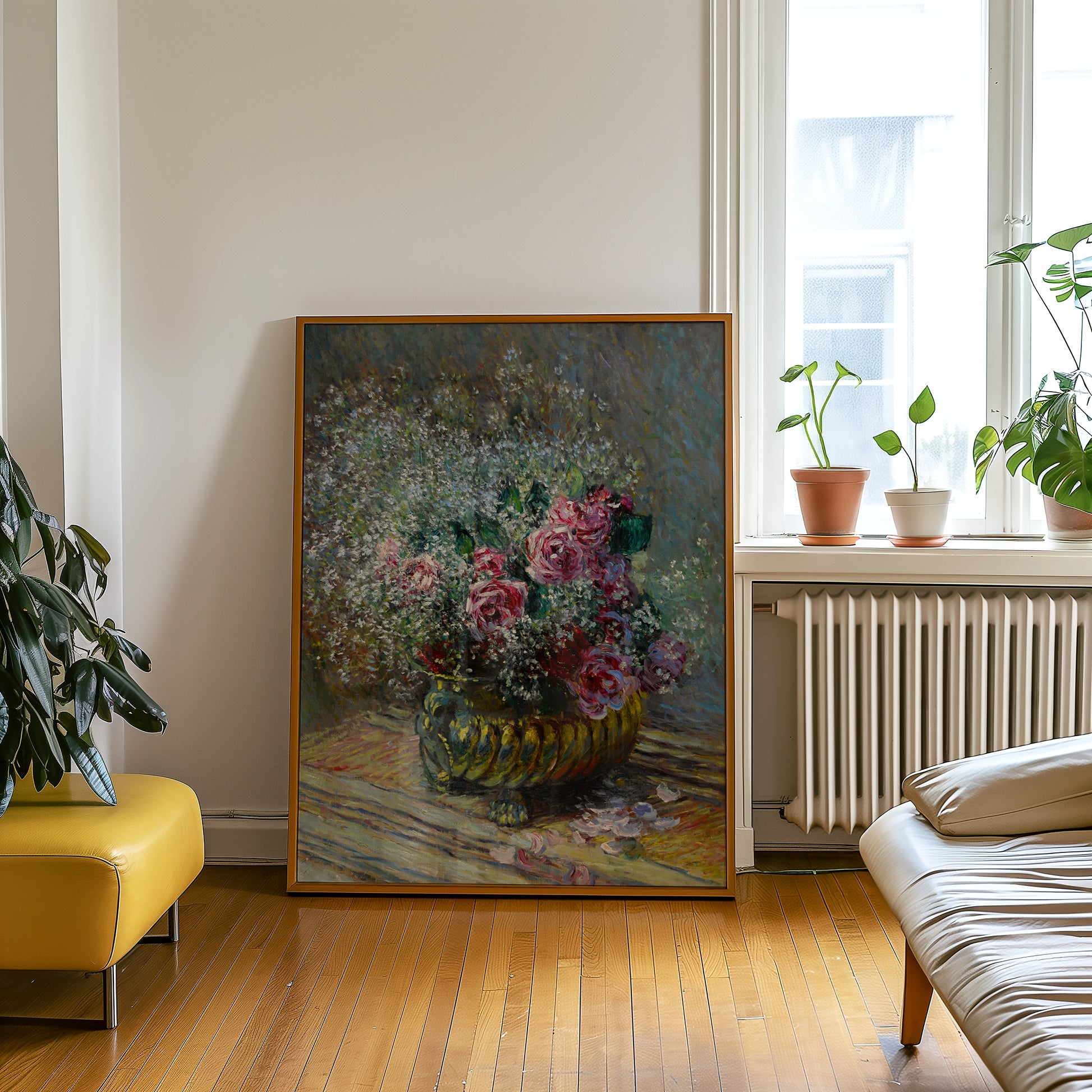 A vibrant painting of roses in a decorative vase, displayed in a modern interior setting with natural light and greenery.