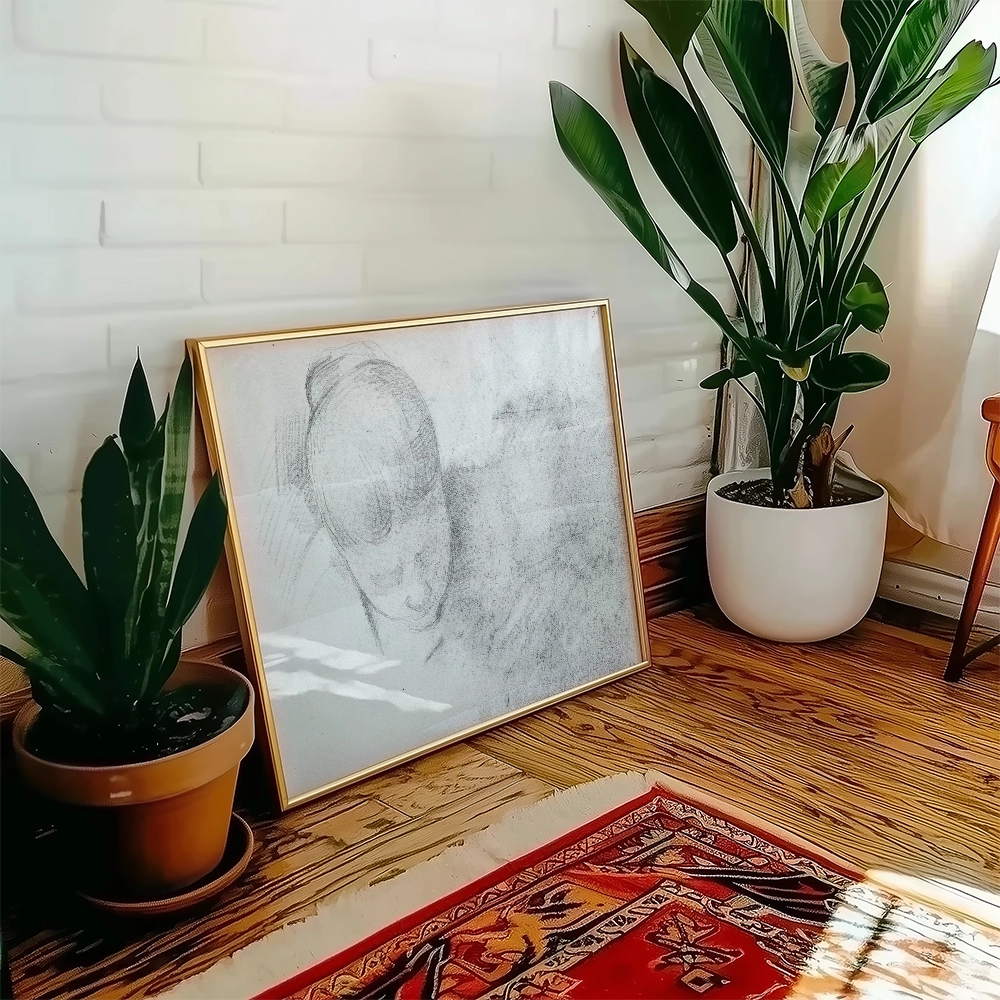 Framed monochromatic drawing of a woman leaning forward, placed on a wooden floor next to a green potted plant and a colorful rug.