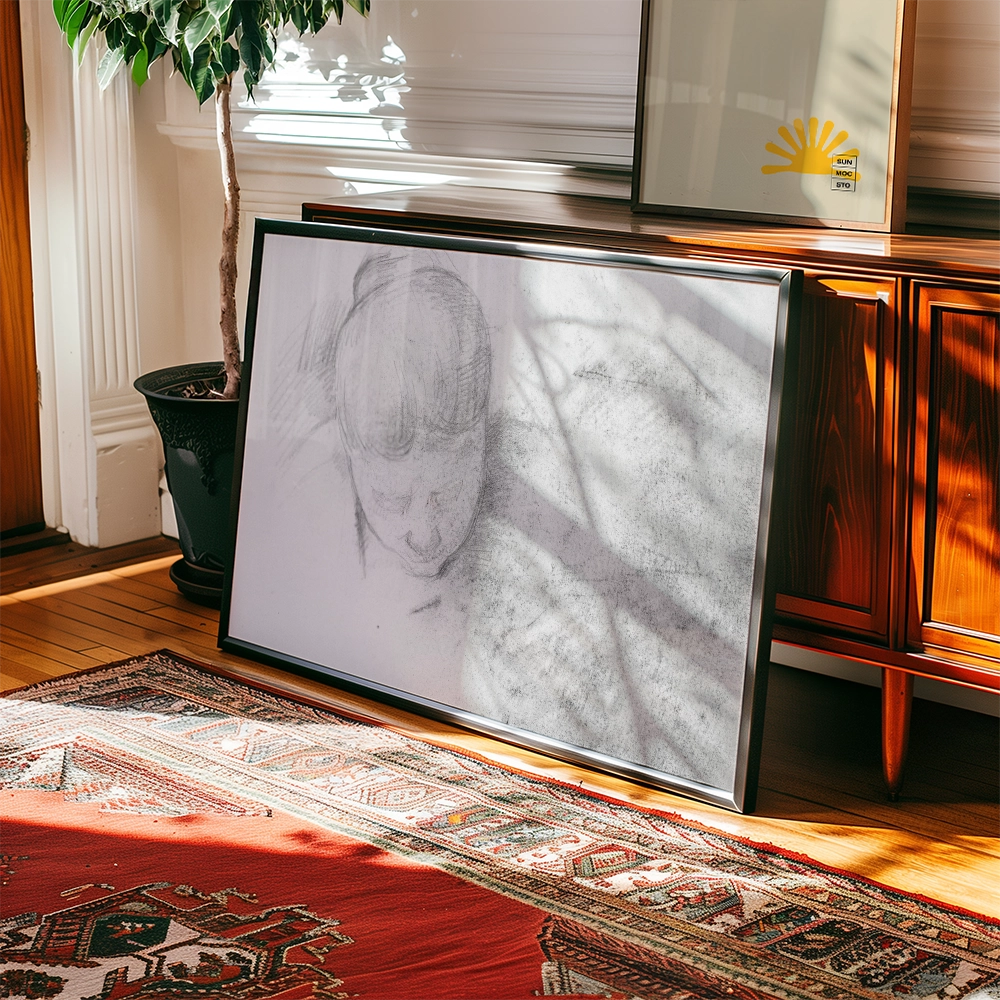 Framed gray-scale sketch of a young woman displayed on a wooden floor next to a potted plant and a colorful rug.