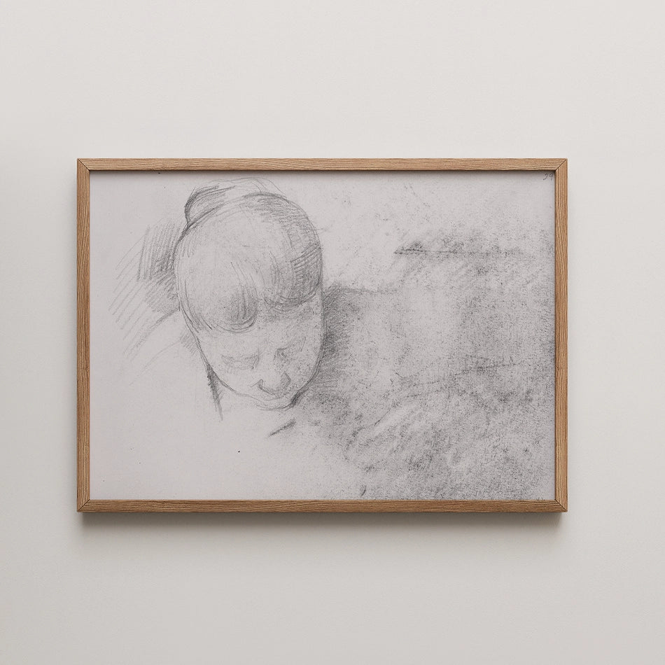 Framed sketch of a woman with a bun, gazing downwards, set against a light background.
