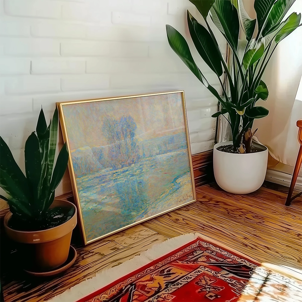 A tranquil landscape painting in a golden frame, positioned beside a green plant in a decorative pot, on a wooden floor with a colorful rug.